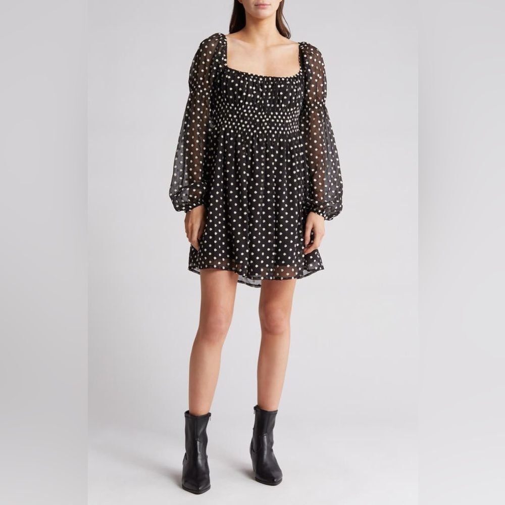 Lucy Paris Babydoll Black Flowers Embroidered Puff Long Sleeve Dress S Romantic